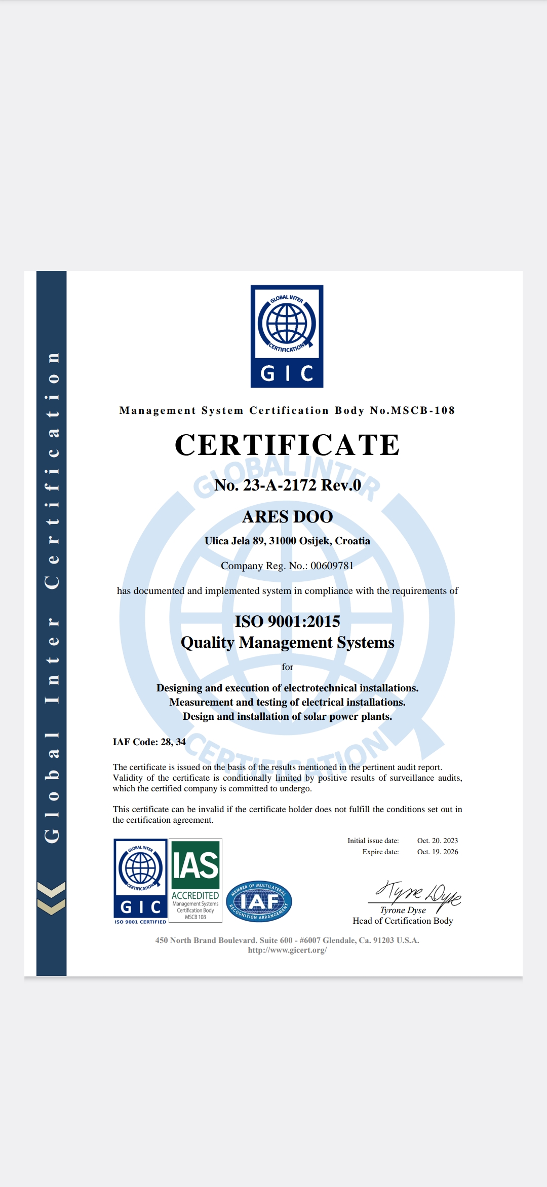 Tvrtka Ares d.o.o. je danas službeno primila Certifikat za zadovoljavanje norme ISO 9001:2015